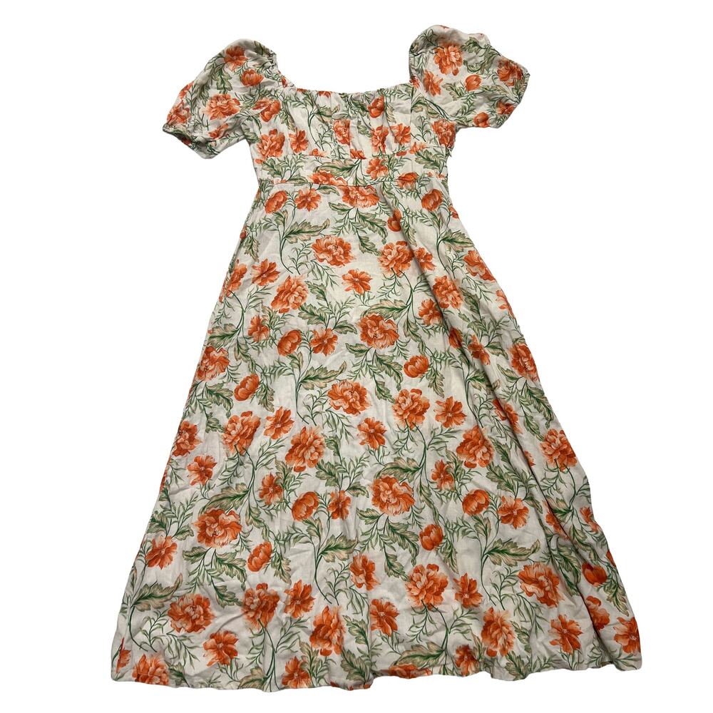 Joie Size 12 Floral Linen Blend Puff Sleeve Square Neck Midi Dress Cottagecore